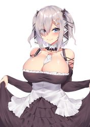 Rule 34 | 1girl, alternate hairstyle, artist name, ascot, azur lane, blue eyes, blush, breasts, choker, cleavage, clothes lift, collarbone, commentary request, corset, cosplay, dress, dress lift, eyes visible through hair, feet out of frame, formidable (azur lane), formidable (azur lane) (cosplay), frilled dress, frills, grey hair, hair ornament, hair ribbon, hairclip, hamakaze (kancolle), kantai collection, kuavera, large breasts, ribbon, short hair, short twintails, signature, smile, solo, twintails, two-tone ribbon