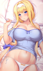 Rule 34 | 1girl, absurdres, alice zuberg, bed, bed sheet, blonde hair, blue eyes, blue ribbon, blue shirt, blush, bow, breasts, closed mouth, commentary request, covered erect nipples, embarrassed, hair bow, hair intakes, hair ribbon, hairband, hand up, highres, kawase seiki, large breasts, long hair, looking at viewer, lying, nail polish, navel, on back, orange nails, panties, pillow, ribbon, shiny skin, shirt, short sleeves, sidelocks, sleepwear, solo, sword art online, sword art online: alicization, underwear, very long hair, white hairband, white panties