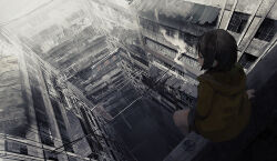 Rule 34 | 1girl, building, cigarette, city, from above, haru akira, rooftop, silk, solo, spider web