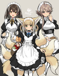 Rule 34 | 3girls, :d, absurdres, ahoge, alternate costume, animal ears, apple, apron, arknights, ascot, baguette, basket, black collar, black dress, blonde hair, blue neckwear, braid, bread, breasts, brown background, brown eyes, brown hair, chinese commentary, chocolate chip cookie, clothes lift, collar, commentary request, cookie, dress, dress lift, earrings, enmaided, extra ears, feet out of frame, food, food on face, fox ears, fox girl, fox tail, frilled dress, frills, fruit, grapes, green eyes, hand up, highres, holding, holding plate, holding teapot, infection monitor (arknights), jewelry, kitsune, kyuubi, lifting own clothes, looking at viewer, magallan (arknights), maid, maid headdress, mayer (arknights), medium breasts, multicolored hair, multiple girls, multiple tails, neck ribbon, open mouth, pantyhose, plate, ribbon, short hair, sidelocks, sigm@, simple background, small breasts, smile, standing, straight-on, streaked hair, suzuran (arknights), tail, teapot, tongue, tongue out, white apron, white hair, white legwear, white neckwear, yellow eyes, yellow neckwear