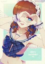 Rule 34 | 1girl, angel wings, blue background, blue bow, blue bowtie, blue eyes, blue ribbon, bow, bowtie, brown hair, commentary request, crop top, frilled hairband, frilled sailor collar, frills, hair ribbon, hairband, hands up, happy birthday, heart, heart-shaped pupils, heart hands, highres, idolmaster, idolmaster cinderella girls, lace-trimmed wrist cuffs, lace trim, looking at viewer, medium hair, midriff, navel, parted lips, ribbon, sailor collar, sakuma mayu, shirt, silky (silky alice), smile, solo, symbol-shaped pupils, white sailor collar, white shirt, wings, wrist cuffs