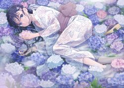 Rule 34 | 00saya00, 1girl, black hair, blue eyes, flower, hair flower, hair ornament, hairpin, highres, hydrangea, japanese clothes, kimono, long hair, long sleeves, lying, obi, on side, original, parted lips, partially submerged, ripples, sash, shoes, unworn shoes, solo, water, wet, wet clothes, wide sleeves, yukata