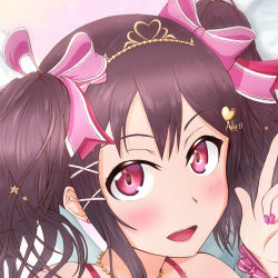 Rule 34 | 1girl, artist name, artist request, bare shoulders, black hair, blush, bow, female focus, hair bow, hair ornament, highres, jewelry, looking at viewer, love live!, love live! school idol festival, love live! school idol festival all stars, love live! school idol project, masa sevenred, masakazu yamato, necklace, nico nico nii, parted lips, red eyes, short hair, smile, solo, star (symbol), star hair ornament, tiara, twintails, yamato masakazu, yazawa nico