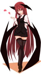 Rule 34 | 1girl, :o, arm garter, bad id, bad pixiv id, bat wings, black thighhighs, breasts, denpaken pochi, dress shirt, embodiment of scarlet devil, female focus, full body, head wings, heart, highres, koakuma, loafers, long hair, long sleeves, low wings, necktie, pochi (potihouse), red eyes, red hair, shirt, shoes, simple background, skirt, skirt set, solo, standing, standing on one leg, thigh gap, thighhighs, touhou, very long hair, vest, white shirt, wide hips, wings, zettai ryouiki