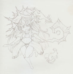 Rule 34 | 1girl, anglerfish, clam shell, fish, full body, greyscale, highres, holding, holding staff, long hair, lulu (league of legends), mayhem art, monochrome, original, pointy ears, seashell, sharp teeth, shell, simple background, snail shell, spines, staff, standing, stomach, teeth, traditional media, v-shaped eyebrows, very long hair, waist cape, witch