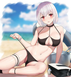 Rule 34 | absurdres, azur lane, bare shoulders, beach, bikini, bikini pull, black bikini, breasts, chinese commentary, cleavage, clothes pull, collarbone, commentary request, day, halterneck, head tilt, highres, innertube, kojo (0124), large breasts, looking at viewer, lounging, navel, o-ring, o-ring bikini, o-ring top, open mouth, outdoors, red eyes, scrunchie, short hair, sirius (azur lane), sirius (scorching-hot seirios) (azur lane), sitting, solo, stomach, swim ring, swimsuit, thigh strap, thighs, white hair, wrist scrunchie