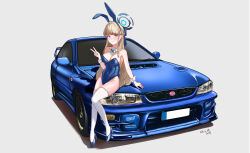 Rule 34 | 1girl, absurdres, animal ears, artist name, blonde hair, blue archive, blue bow, blue eyes, blue footwear, blue leotard, blush, bow, breasts, car, cleavage, covered navel, dated, detached collar, fake animal ears, grey background, groin, halo, high heels, highres, leotard, long hair, looking at viewer, medium breasts, motor vehicle, playboy bunny, saisaki (sankyy377), simple background, skindentation, solo, spoiler (automobile), subaru (brand), subaru impreza, thighhighs, toki (blue archive), toki (bunny) (blue archive), v, vehicle focus, very long hair, white thighhighs, wrist cuffs