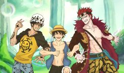 Rule 34 | 3boys, abs, clenched hands, clenched teeth, disgust, electricity, eustass kid, goggles, goggles on head, grabbing, grabbing from behind, hat, highres, jacket, jacket on shoulders, monkey d. luffy, multiple boys, muscular, one piece, sheath, sheathed, shiichan thea, smile, smug, standing, teeth, trafalgar law, weapon