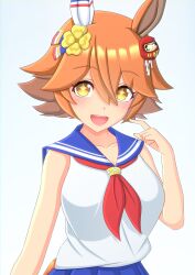 Rule 34 | + +, 1girl, 2-butani, absurdres, animal ears, backpack, bag, bare shoulders, clothing cutout, clover hair ornament, commentary request, daruma doll, hair ornament, hands up, highres, horse ears, horse girl, interlocked fingers, matikanefukukitaru (umamusume), neckerchief, open mouth, orange hair, own hands together, red neckerchief, round teeth, sailor collar, shirt, short hair, simple background, sleeveless, sleeveless shirt, smile, solo, teeth, umamusume, upper body, upper teeth only, white background, white shirt, yellow eyes