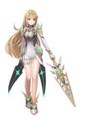 Rule 34 | 1girl, blonde hair, breasts, cleavage, earrings, hair ornament, headpiece, highres, holding, holding sword, holding weapon, jewelry, large breasts, long hair, looking at viewer, mythra (xenoblade), nintendo, simple background, smile, solo, swept bangs, sword, tiara, tsukasa (tukasa nn), very long hair, weapon, white background, xenoblade chronicles (series), xenoblade chronicles 2, yellow eyes