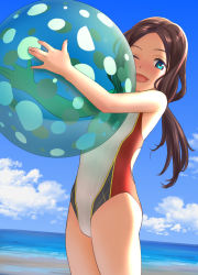 Rule 34 | 1girl, ;d, alternate costume, ball, bare arms, bare shoulders, beach, beachball, blue eyes, blue sky, blush, breasts, brown hair, cloud, commentary request, competition swimsuit, day, fate/grand order, fate (series), flat chest, highres, holding, holding ball, leonardo da vinci (fate), leonardo da vinci (fate/grand order), leonardo da vinci (rider) (fate), long hair, looking at viewer, mu-pyon, ocean, one-piece swimsuit, one eye closed, open mouth, outdoors, parted bangs, ponytail, sand, sidelocks, sky, small breasts, smile, solo, standing, swimsuit, water