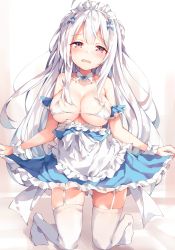 Rule 34 | 1girl, alternate costume, azur lane, bare shoulders, bikini, blue dress, blush, bow, breasts, cleavage, clothes pull, collarbone, cygnet (an offer to be maid) (azur lane), cygnet (azur lane), detached collar, dress, dress pull, frown, hair ornament, highres, kneeling, large breasts, long hair, looking at viewer, micro bikini, open mouth, red eyes, sidelocks, skirt hold, solo, swimsuit, tearing up, thighhighs, unacchi (nyusankin), wavy mouth, white bikini, white hair, white thighhighs