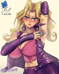 Rule 34 | 1girl, arm behind head, artist name, belt, blindhunter99, blonde hair, blush, breasts, card, cleavage, detached sleeves, hair between eyes, harpie lady, highres, holding, holding card, kujaku mai, large breasts, long hair, looking at viewer, midriff, nail polish, navel, parted lips, pink belt, pink corset, purple eyes, purple skirt, purple sleeves, purple vest, shadow, skirt, solo, upper body, vest, yellow background, yu-gi-oh!, yu-gi-oh! duel monsters