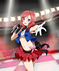 Rule 34 | 10s, 1girl, armpits, bug, butterfly, flower, frolaytia, gloves, glowstick, groin, highres, bug, looking at viewer, love live!, love live! school idol festival, love live! school idol project, microphone, midriff, music, navel, nishikino maki, purple eyes, red hair, short hair, singing, solo