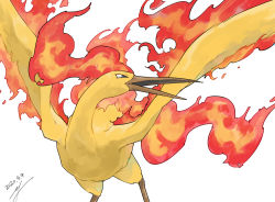 Rule 34 | bird, commentary request, creatures (company), dated, fire, game freak, gen 1 pokemon, grey eyes, legendary pokemon, looking to the side, moltres, nintendo, open mouth, pokemon, pokemon (creature), signature, simple background, white background, yu ikedon