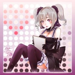 Rule 34 | 10s, 1girl, :p, bare shoulders, black thighhighs, blush, breasts, cleavage, drill hair, elbow gloves, gloves, gothic lolita, idolmaster, idolmaster cinderella girls, kanzaki ranko, lolita fashion, long hair, looking at viewer, medium breasts, red eyes, silver hair, sketchbook, smile, solo, thighhighs, tongue, tongue out, twin drills, twintails, unier