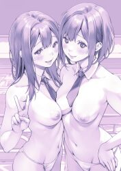 Rule 34 | 2girls, absurdres, blush, breast press, breasts, commentary request, detached collar, highres, long hair, looking at viewer, macosee, medium breasts, monochrome, multiple girls, navel, necktie, nipples, original, panties, parted lips, short hair, smile, symmetrical docking, topless, underwear, upper body, v