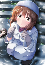 Rule 34 | 1girl, brown eyes, brown hair, coat, crying, crying with eyes open, gloves, hagiwara yukiho, highres, idolmaster, idolmaster (classic), kamelie, charm (object), nonowa, overcoat, short hair, snow, snowing, solo, squatting, tareme, tears