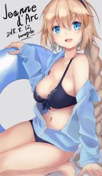 Rule 34 | 1girl, absurdres, bikini, black bikini, blonde hair, blue eyes, braid, breasts, cleavage, commentary request, fate/grand order, fate (series), grey background, hairband, highres, innertube, jacket, jeanne d&#039;arc (fate), jeanne d&#039;arc (ruler) (fate), jeanne d&#039;arc (swimsuit archer) (fate), jeanne d&#039;arc (swimsuit archer) (first ascension) (fate), karaage bou, large breasts, long hair, looking at viewer, navel, signature, smile, solo, swim ring, swimsuit, very long hair