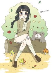 Rule 34 | 10s, 1girl, bear, bespectacled, black hair, blush, braid, crossed legs, food, fruit, glasses, hand on own cheek, hand on own face, highres, kantai collection, kitakami (kancolle), leaf, long hair, looking at viewer, mito (go!go!king!), mushroom, necktie, purple eyes, single braid, smile, socks, solo, star (symbol), twitter username