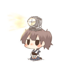 Rule 34 | 10s, 1girl, black eyes, blush, brown hair, chibi, kaga (kancolle), kantai collection, lowres, object on head, rebecca (keinelove), searchlight, short hair, side ponytail, sitting, solo