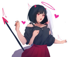 Rule 34 | 2girls, bare shoulders, black hair, black nails, black shirt, blush, grabbing another&#039;s breast, breasts, closed eyes, collarbone, commentary request, demon tail, dress, fang, grabbing, grabbing from behind, halo, heart, highres, horns, hug, large breasts, long hair, multiple girls, nail polish, off-shoulder shirt, off shoulder, open mouth, original, pleated skirt, red horns, red skirt, revision, shimmer, shirt, shirt tucked in, short hair, short sleeves, simple background, skirt, tail, tail raised, trembling, upper body, white background, white dress, white hair, yuri
