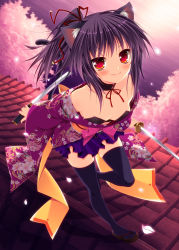 Rule 34 | 1girl, animal ears, bad id, bad pixiv id, bare shoulders, black hair, black thighhighs, blush, candy, cat ears, cat tail, chocolate, chocolate heart, choker, dual wielding, food, heart, holding, japanese clothes, knife, looking at viewer, minatsuki alumi, original, petals, ponytail, red eyes, reverse grip, skirt, smile, solo, tail, thighhighs