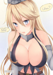 Rule 34 | 10s, 1girl, bare shoulders, blonde hair, blue eyes, breasts, cleavage, clothing cutout, detached sleeves, elbow gloves, english text, fingerless gloves, front-tie top, gloves, hair between eyes, hair over shoulder, hard-translated, iowa (kancolle), kantai collection, large breasts, miniskirt, navel cutout, open mouth, sakiryo kanna, sidelocks, skirt, star-shaped pupils, star (symbol), symbol-shaped pupils, third-party edit, translated, upper body