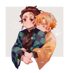 Rule 34 | 2boys, ?, absurdres, agatsuma zenitsu, battery indicator, black jacket, brown hair, checkered haori, chinese commentary, closed mouth, commentary request, earrings, closed eyes, gakuran, grey background, highres, hug, hug from behind, jacket, jewelry, kamado tanjirou, kimetsu no yaiba, long sleeves, male focus, mogutofuoes, multiple boys, red eyes, scar, scar on face, scar on forehead, school uniform, short hair, spoken question mark, tearing up, tears, thick eyebrows, two-tone background, upper body, white background