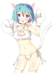 Rule 34 | 10s, 1girl, :d, absurdres, animal ears, animal hands, bare shoulders, bell, blue eyes, blue hair, blush, bra, breasts, cat cutout, cat ear panties, cat ears, cat lingerie, cat paws, cat tail, choker, cleavage, cleavage cutout, clothing cutout, collar, fake animal ears, fang, gloves, highres, jingle bell, looking at viewer, mahou shoujo madoka magica, mahou shoujo madoka magica (anime), matching hair/eyes, medium breasts, meme attire, midriff, miki sayaka, navel, neck bell, open mouth, panties, paw gloves, short hair, side-tie panties, smile, solo, stomach, string panties, tail, thighhighs, tsubaki (tatajd), underwear, underwear only, white panties, white thighhighs