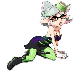 Rule 34 | 1girl, bare arms, bare shoulders, black dress, bow-shaped hair, breasts, cleavage, detached collar, dress, earrings, fangs, food, food on head, gloves, gradient hair, green pantyhose, grey hair, highres, hoop earrings, inkling, jewelry, marie (splatoon), medium breasts, mole, mole under eye, multicolored hair, nintendo, object on head, on floor, pantyhose, pointy ears, short dress, short ponytail, solo, splatoon (series), squid girl, strapless, strapless dress, sushi, swept bangs, tentacle hair, thick eyebrows, tsuichi, white gloves, yellow eyes