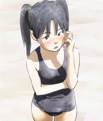 Rule 34 | 00s, 1girl, amasawa yuuko, black one-piece swimsuit, blush, dennou coil, looking at viewer, one-piece swimsuit, outdoors, school swimsuit, solo, swimsuit, tnt (aaaazzzz), twintails