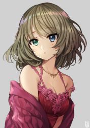 Rule 34 | 10s, 1girl, :o, bad id, bad pixiv id, bare shoulders, blue eyes, blunt bangs, blush, breasts, cleavage, collarbone, commentary request, dress, gambe, green eyes, green hair, grey background, heterochromia, idolmaster, idolmaster cinderella girls, jacket, jewelry, looking at viewer, medium breasts, mole, mole under eye, necklace, off shoulder, open clothes, open jacket, parted lips, red dress, red jacket, short hair, simple background, sleeveless, sleeveless dress, solo, strap slip, takagaki kaede, upper body