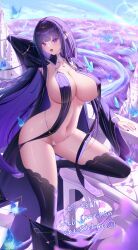 1girl artist_name black_thighhighs blue_butterfly breasts bug butterfly cleavage colored_inner_hair commission covered_erect_nipples crystal eeyoosekedooaat foot_out_of_frame highres huge_breasts insect long_hair looking_at_viewer multicolored_hair navel open_mouth original panties pointy_ears purple_eyes purple_hair revealing_clothes skeb_commission thighhighs underwear very_long_hair white_panties