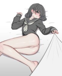 Rule 34 | 1girl, ass, barefoot, blush, bottomless, cleft of venus, eyebrows hidden by hair, eyes visible through hair, female focus, grey hair, grey shirt, highres, legs together, lying, medium hair, mustee, ok sign, on bed, on side, original, oversized clothes, paid reward available, pussy, sailor collar, shirt, solo, solo focus, tagme, thighs