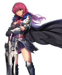 Rule 34 | 1girl, armor, armored boots, belt, black gloves, boots, breasts, brown hair, cape, character request, cleavage, commentary request, copyright request, feather trim, gloves, hair between eyes, korean text, long hair, looking at viewer, pauldrons, pink hair, rainmaker, shoulder armor, smile, solo, sword, vambraces, weapon