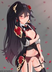 Rule 34 | 1girl, absurdres, alternate costume, belly, black hair, black thighhighs, blush, breasts, cleft of venus, clenched hands, closed mouth, dress, flower, fu hua, fu hua (blood voivode), fu hua (shadow knight), garter straps, hair between eyes, hair flower, hair ornament, high ponytail, highres, honkai (series), honkai impact 3rd, long hair, long sleeves, looking at viewer, navel, nipples, official alternate costume, ponytail, pussy, red eyes, red flower, rose, small breasts, solo, thighhighs, thighs, torofu, vampire, watermark, web address