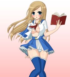 Rule 34 | 1girl, ascot, blue eyes, blue thighhighs, blush, book, breasts, brown hair, capelet, castlevania: portrait of ruin, castlevania (series), charlotte aulin, frills, long hair, open clothes, open mouth, open shirt, panties, pantyshot, pinbani, shirt, skirt, solo, striped clothes, striped panties, thighhighs, underwear, upskirt