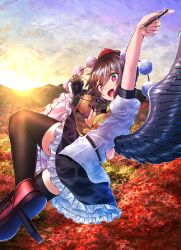 Rule 34 | 1girl, arm up, autumn leaves, belt, bird wings, black skirt, black thighhighs, blue sky, brown hair, camera, camera around neck, camera around neck, cloud, commentary, feathered wings, flying, foreshortening, geta, glint, hat, highres, holding, holding notebook, holding pen, kakutasu (akihiron cactus), leaf, looking at viewer, maple leaf, mountainous horizon, nib pen (object), notebook, open mouth, outdoors, pen, petticoat, pom pom (clothes), puffy short sleeves, puffy sleeves, red eyes, red footwear, red neckwear, shameimaru aya, shirt, short hair, short sleeves, skirt, sky, solo, tengu-geta, thighhighs, tokin hat, touhou, untucked shirt, white shirt, wings
