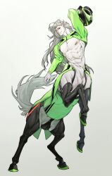 Rule 34 | 1boy, animal ears, arm up, black eyes, centaur, closed mouth, colored skin, commentary request, full body, gradient background, green background, green jacket, grey hair, highres, horizontal pupils, horse ears, jacket, ju neng binggui, long hair, looking at viewer, male focus, monster boy, nipples, original, shrug (clothing), smile, solo, standing, taur, toned, toned male, white skin