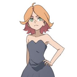 Rule 34 | 1girl, alternate hairstyle, amanda o&#039;neill, bare shoulders, black dress, dress, green eyes, little witch academia, looking at viewer, multicolored hair, orange hair, simple background, solo, supure (kitten), two-tone hair, white background