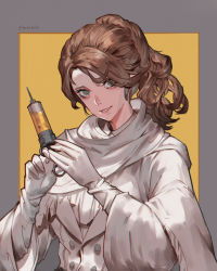 Rule 34 | 1girl, bloodborne, brown background, brown hair, buttons, capelet, commentary request, gloves, green eyes, grey background, highres, holding, holding syringe, iosefka, jiro (ninetysix), long hair, long sleeves, parted lips, ponytail, smile, solo, syringe, white gloves