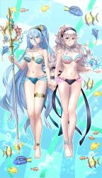 2girls absurdres alternate_costume alternate_hairstyle azura_(fire_emblem) barefoot bikini blue_bikini blue_hair breasts cameltoe corrin_(female)_(fire_emblem) corrin_(female)_(fire_emblem)_(cosplay) corrin_(fire_emblem) cosplay feet fire_emblem fire_emblem_cipher fire_emblem_fates fish hair_between_eyes highres holding_hands karrincorrin large_breasts long_hair medium_breasts multiple_girls navel nintendo official_alternate_costume official_style parody shell shell_bikini style_parody swimsuit toes very_long_hair yellow_eyes