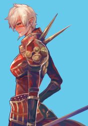 Rule 34 | 1girl, armor, closed mouth, commission, dragoon (final fantasy), earrings, elezen, elf, facial tattoo, final fantasy, final fantasy xiv, jewelry, looking at viewer, moogie (shinjyu), pointy ears, polearm, profile, red eyes, short hair, silver hair, simple background, smile, solo, spear, standing, tattoo, warrior of light (ff14), weapon