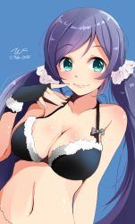 Rule 34 | 10s, 1girl, bikini, blue background, blush, breasts, female focus, gloves, highres, large breasts, lips, long hair, love live!, love live! school idol project, md5 mismatch, navel, purple hair, resized, smile, solo, swimsuit, tebi (tbd11), tojo nozomi, twintails