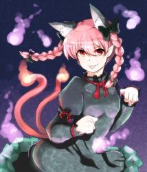 Rule 34 | 1girl, :p, animal ears, braid, cat ears, cat tail, dress, fang, fang out, frilled dress, frills, highres, kaenbyou rin, multiple tails, nobu baka, paw pose, pink hair, red eyes, smile, spirit, tail, tongue, tongue out, touhou, twin braids, two tails