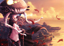 Rule 34 | 1girl, abyssal ship, black gloves, blue fire, blurry, bodysuit, cane, cape, cloud, depth of field, dusk, light particles, evening, falling petals, fire, flaming eye, flower, gloves, grey hair, hand on cane, highres, hill, kantai collection, long hair, looking at viewer, looking back, nina (ninageya), ocean, petals, red sky, ship, sky, solo, spider lily, tentacles, water, watercraft, wo-class aircraft carrier