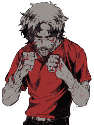 Rule 34 | 1boy, belt, blood, blood on hands, egg (cknlun), fighting stance, highres, joe (megalo box), looking at viewer, male focus, medium hair, megalo box, monochrome, red eyes, red shirt, red theme, shirt, simple background, solo, t-shirt, upper body, white background