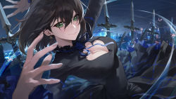 Rule 34 | 1girl, arm up, black hair, breasts, building, city, cleavage, cleavage cutout, closed mouth, clothing cutout, counter:side, dagger, earrings, elizabeth pendragon, floating, floating object, green eyes, hair between eyes, highres, jewelry, knife, looking at viewer, modare, night, night sky, official art, sky, solo, weapon