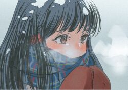 Rule 34 | 1girl, black hair, blush, breath, brown eyes, copyright request, ear blush, gloves, gradient background, highres, long eyelashes, long hair, looking ahead, medium bangs, mittens, original, own hands together, red gloves, scarf, snow, snow on face, snow on head, takaki (mh 399)